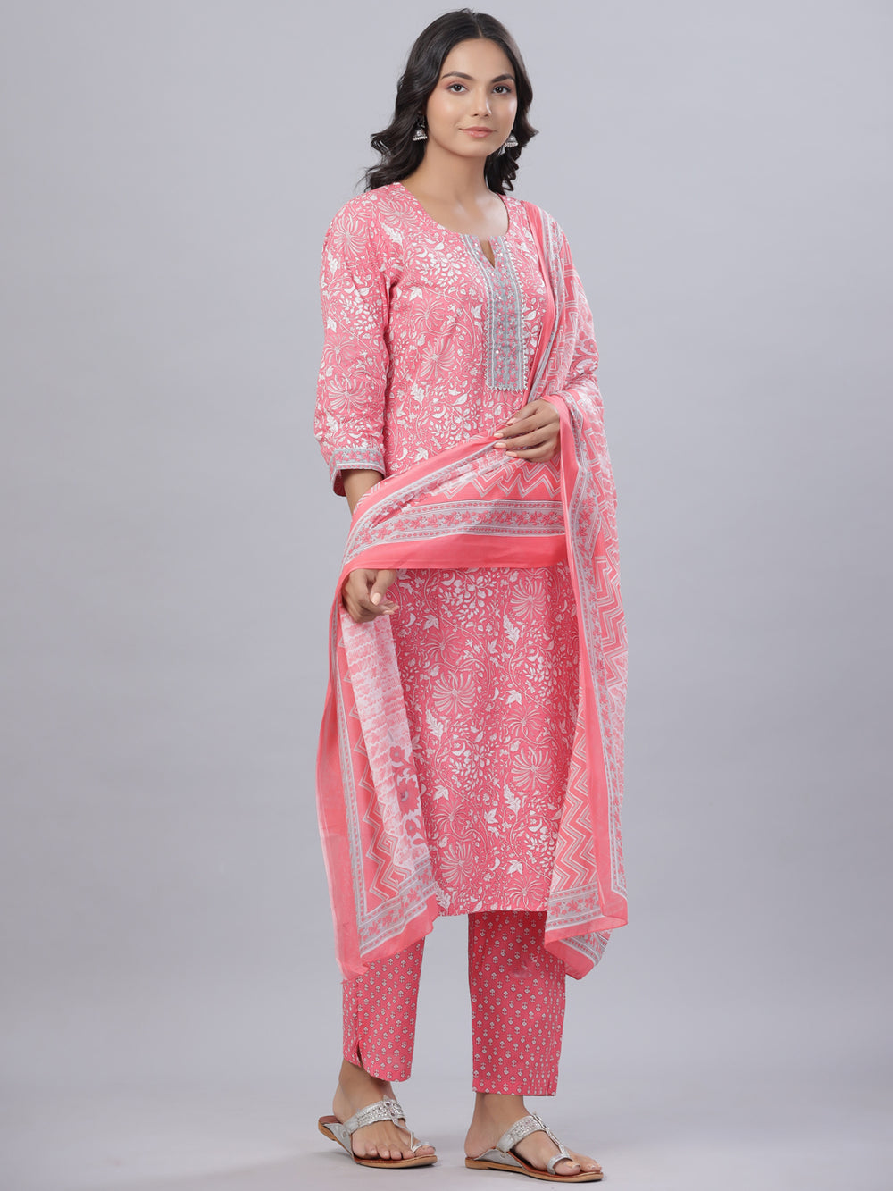 Juniper Women's Pink Cotton Printed Straight Kurta Pant Dupatta Set