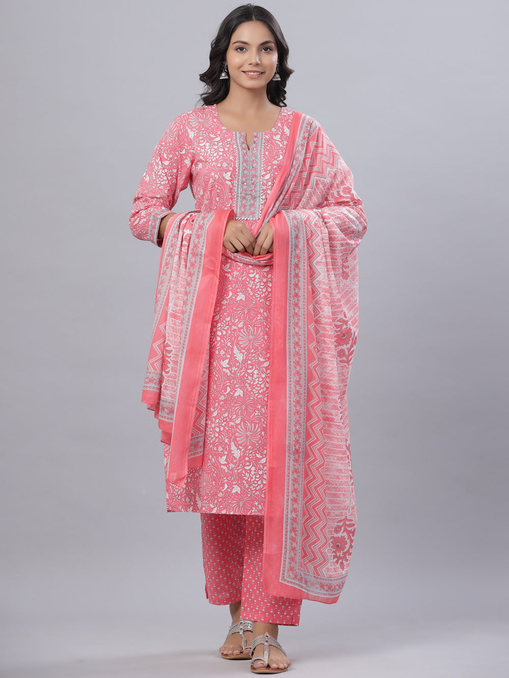 Juniper Women's Pink Cotton Printed Straight Kurta Pant Dupatta Set