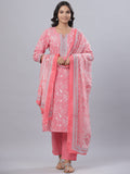 Juniper Women's Pink Cotton Printed Straight Kurta Pant Dupatta Set