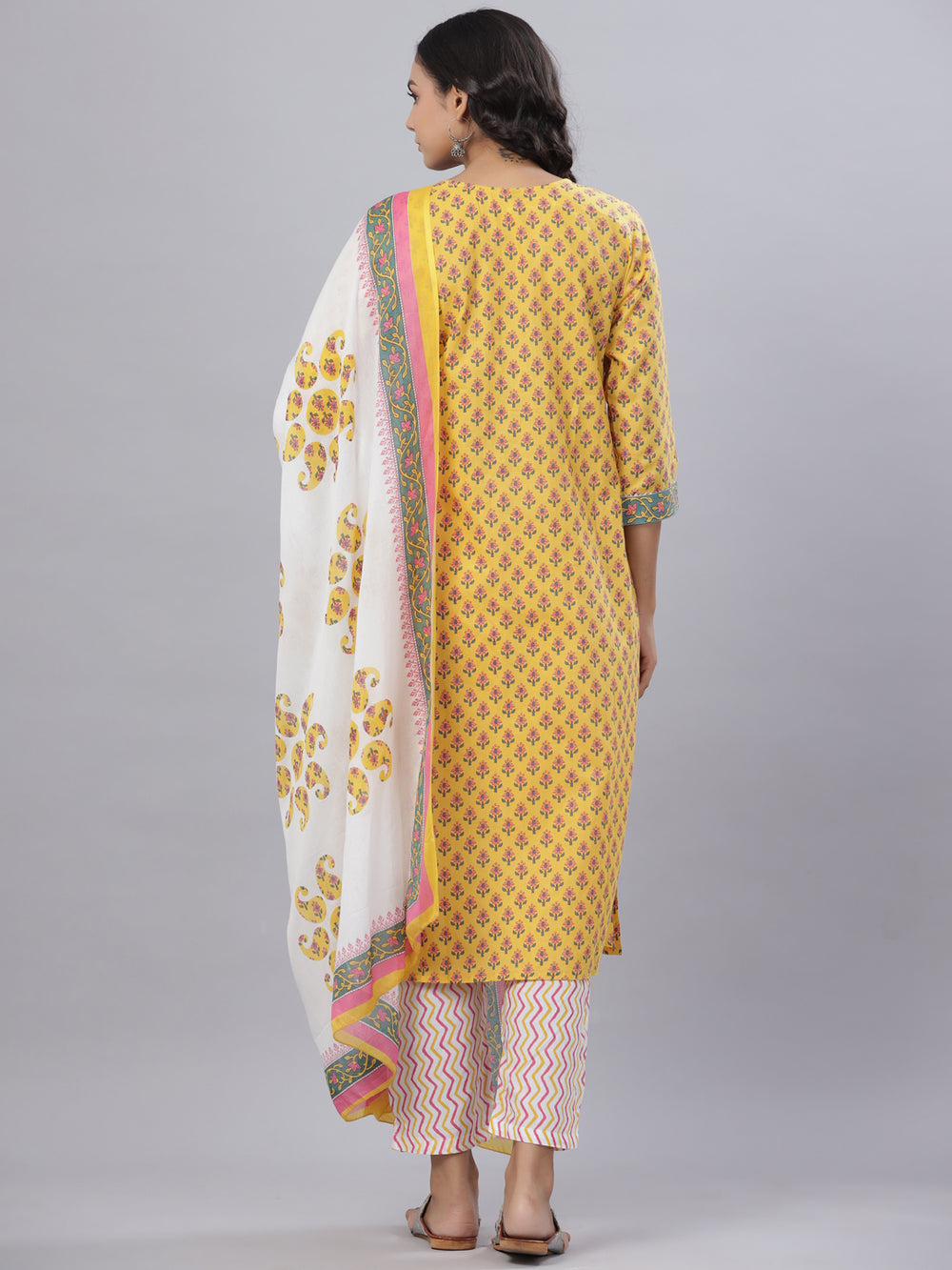 Juniper Women's Cotton Printed Straight Yellow Kurta Pant Dupatta Set