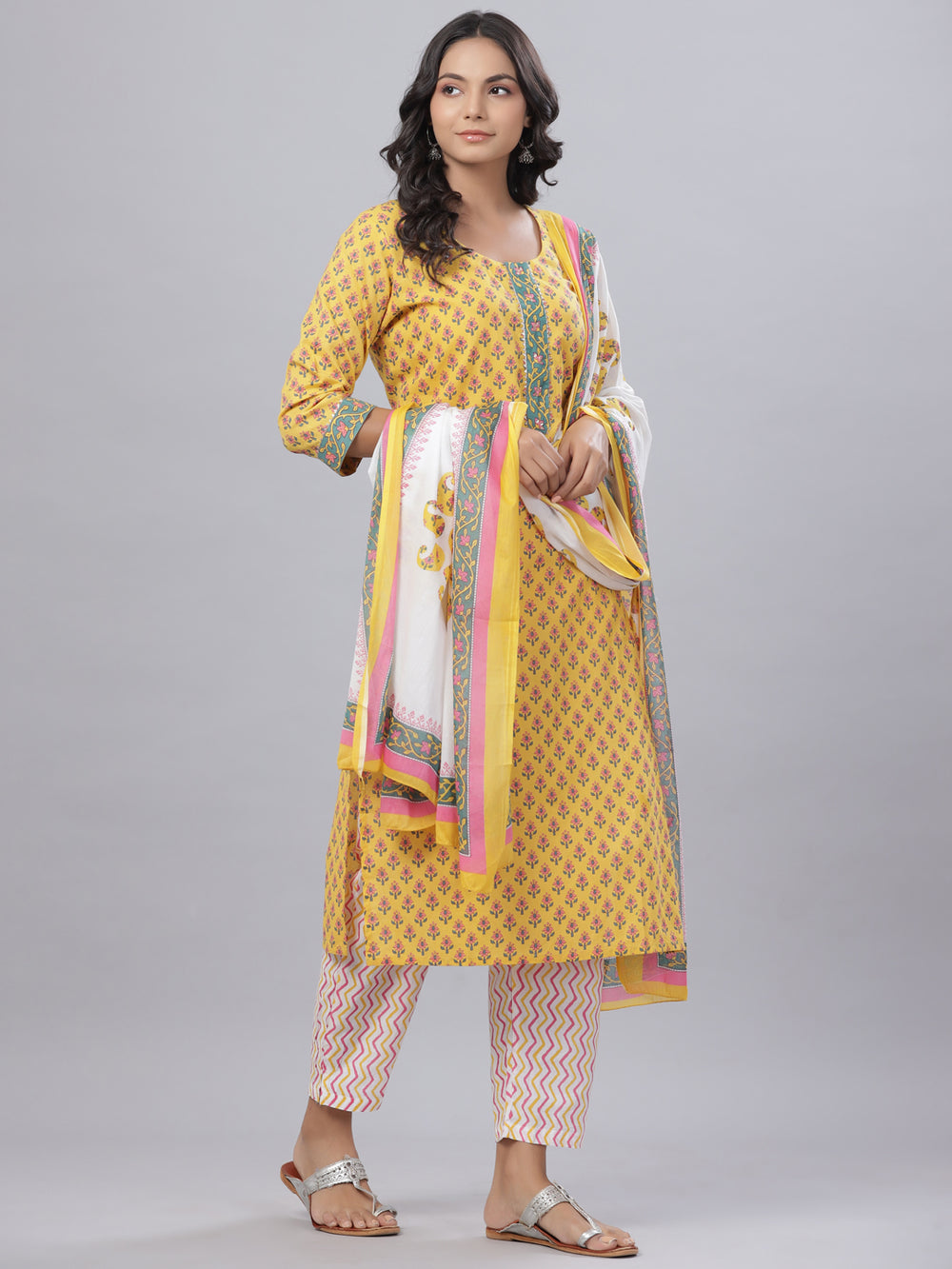 Juniper Women's Cotton Printed Straight Yellow Kurta Pant Dupatta Set
