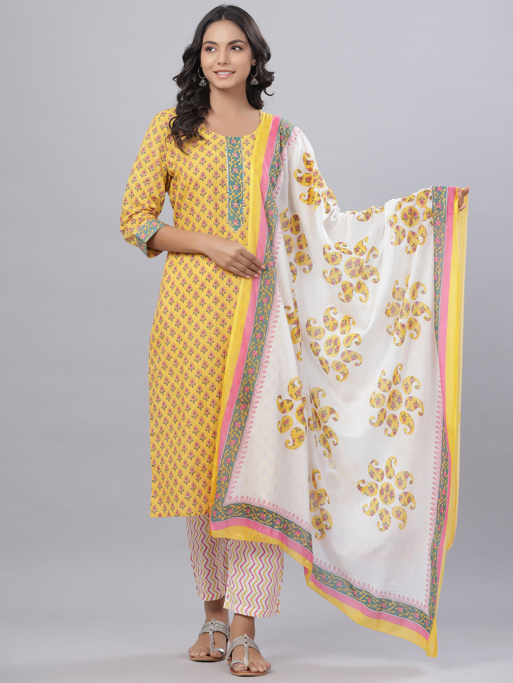 Juniper Women's Cotton Printed Straight Yellow Kurta Pant Dupatta Set