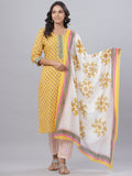 Juniper Women's Cotton Printed Straight Yellow Kurta Pant Dupatta Set