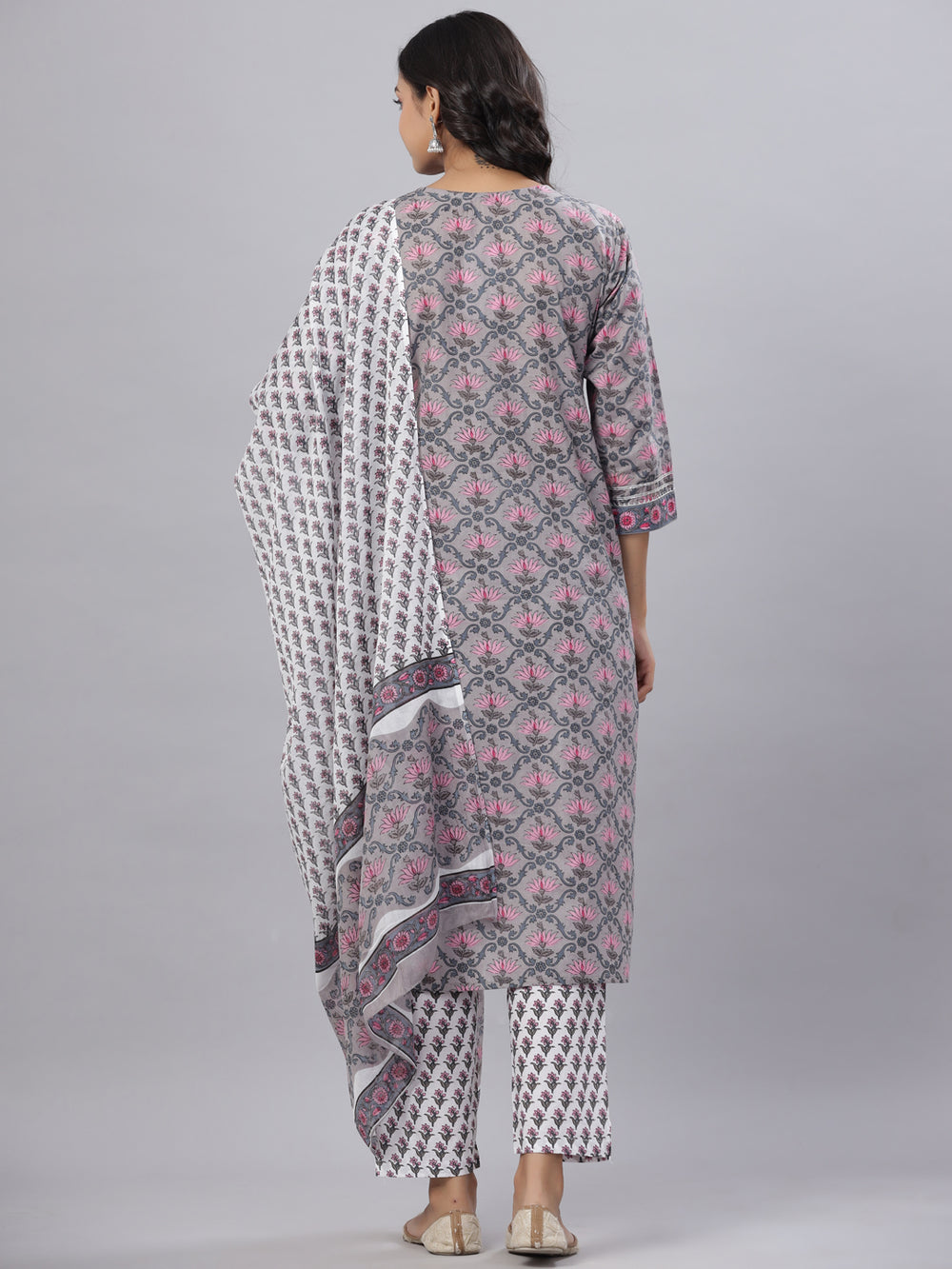 Juniper Women's Grey Color Cotton Printed Straight Kurta Pant Dupatta Set