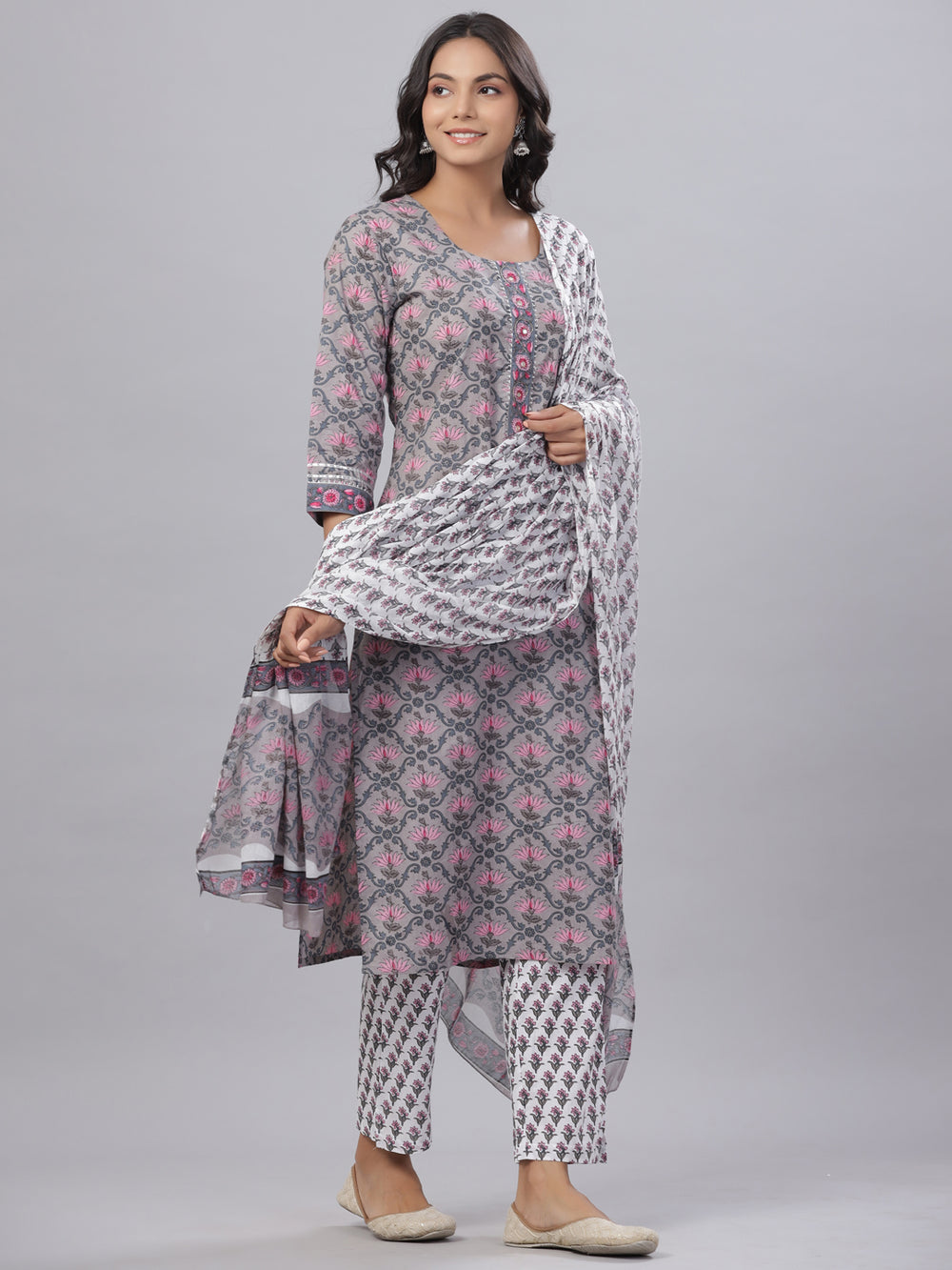 Juniper Women's Grey Color Cotton Printed Straight Kurta Pant Dupatta Set