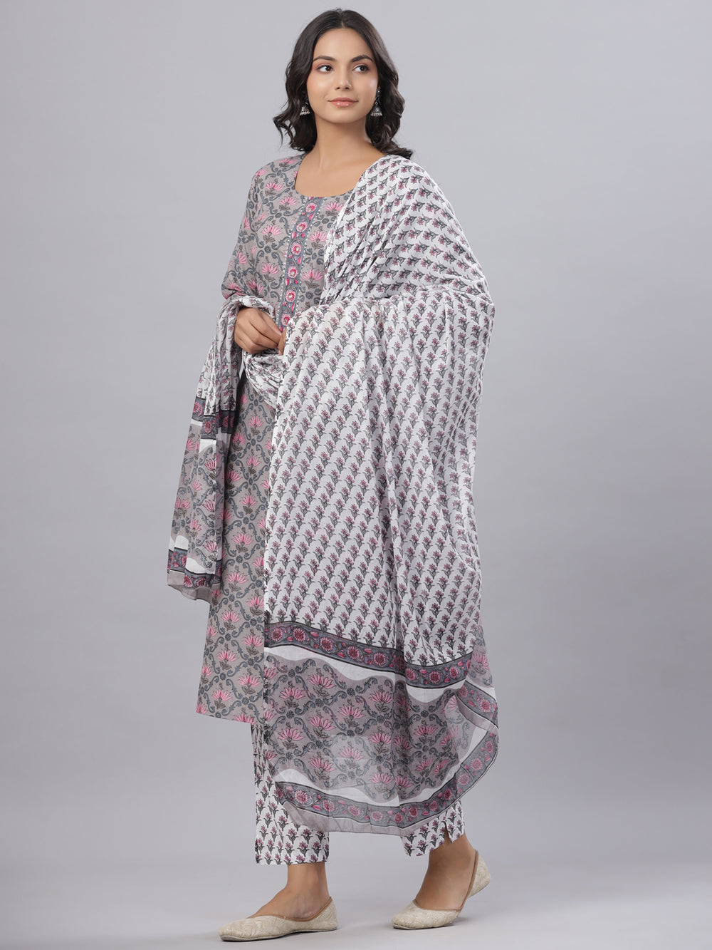 Juniper Women's Grey Color Cotton Printed Straight Kurta Pant Dupatta Set