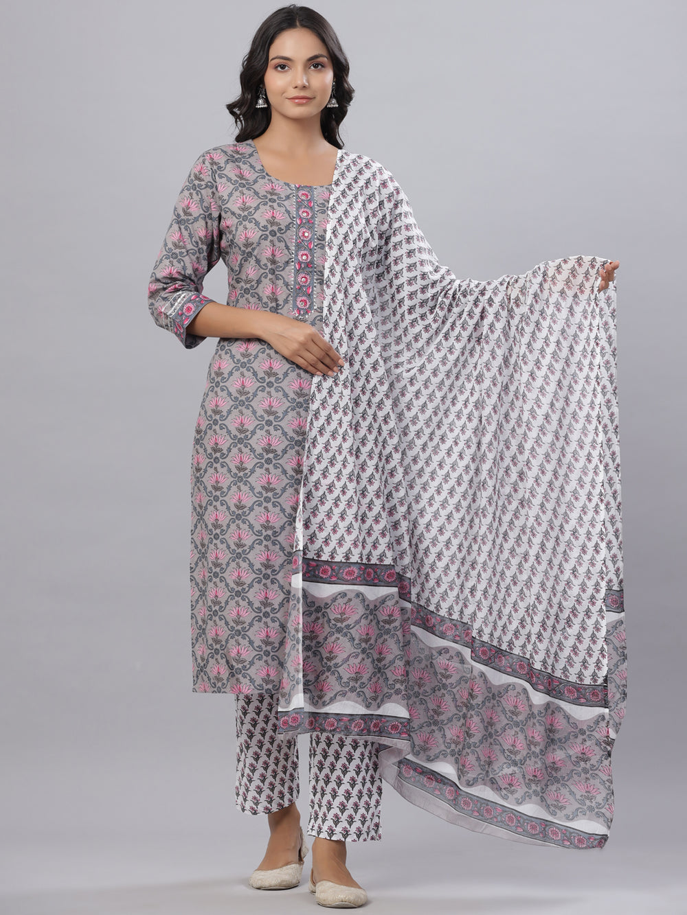 Juniper Women's Grey Color Cotton Printed Straight Kurta Pant Dupatta Set