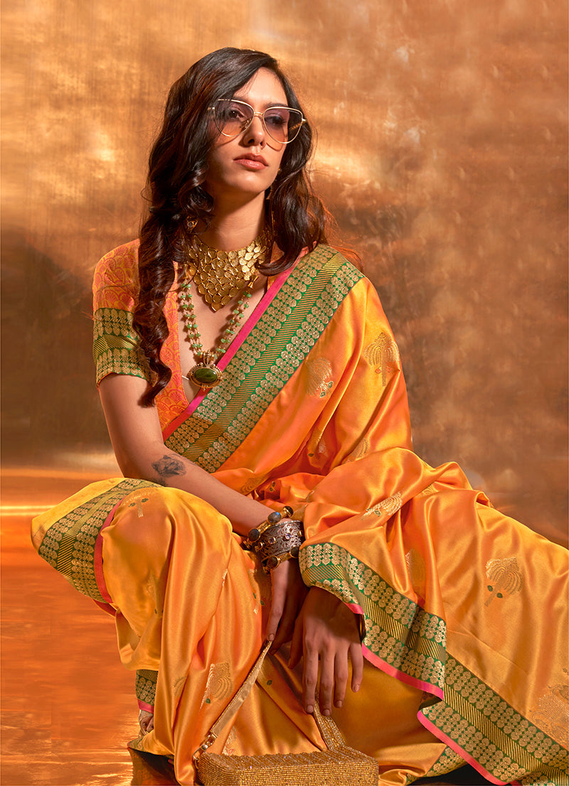 Monjolika Fashion Yellow Colour Satin Silk Zari Woven Designer Saree With Blouse