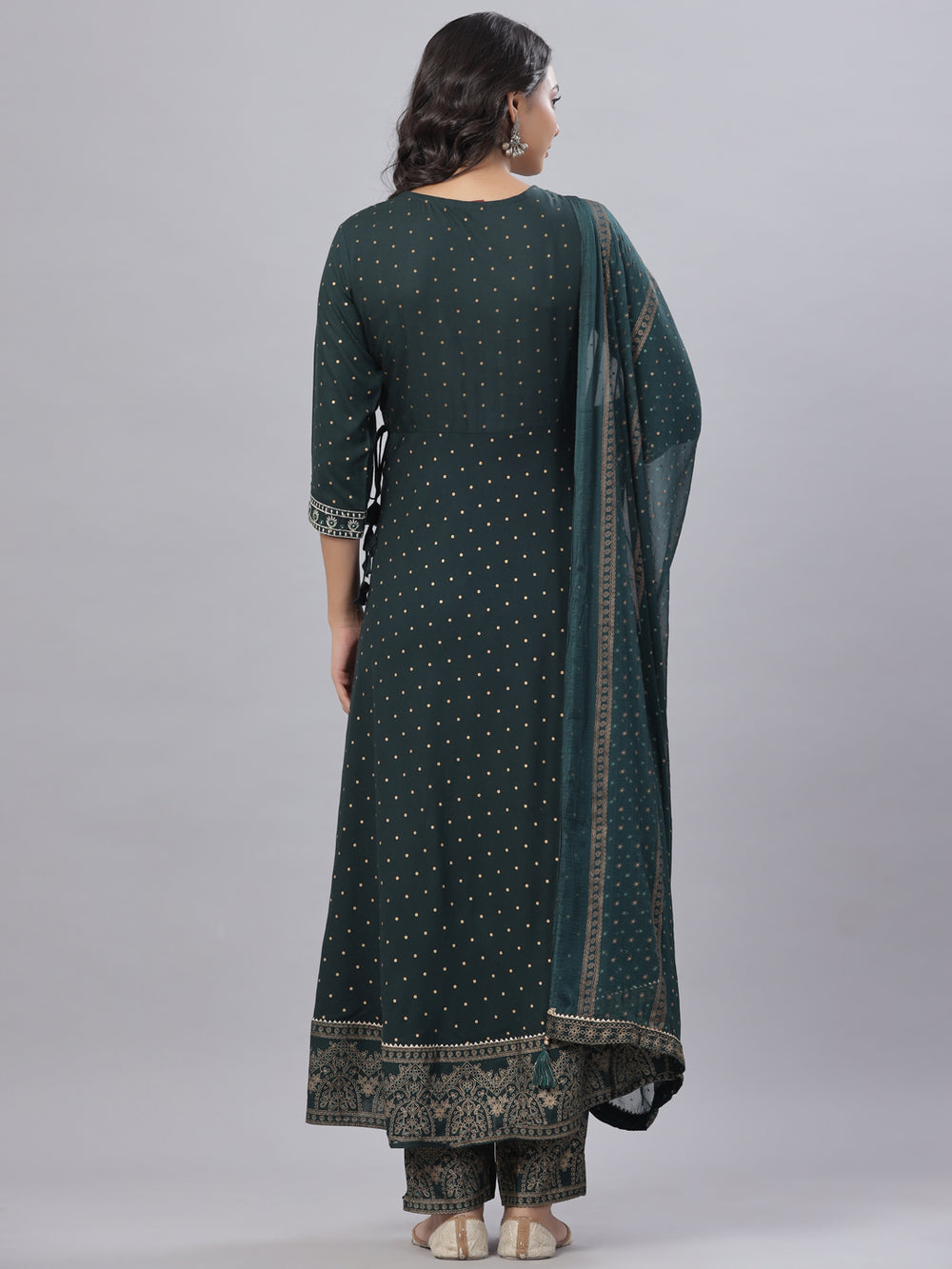 Juniper Women's Bottle Green Rayon Printed Embroidered A-Line Kurta Pant Set