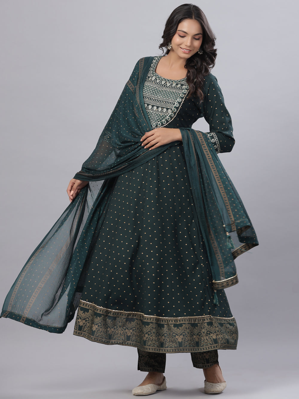 Juniper Women's Bottle Green Rayon Printed Embroidered A-Line Kurta Pant Set