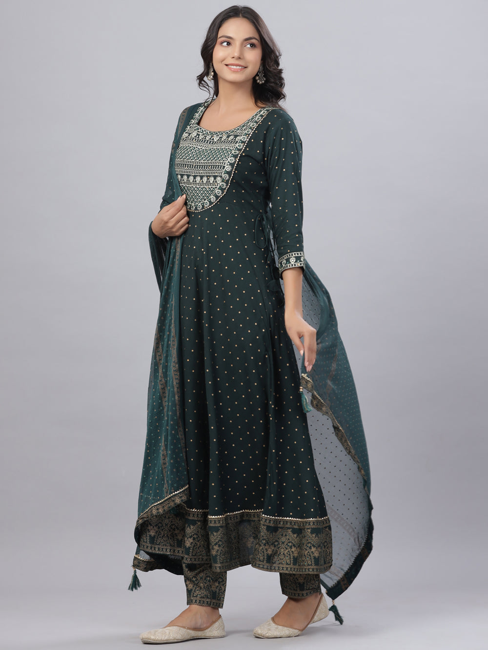 Juniper Women's Bottle Green Rayon Printed Embroidered A-Line Kurta Pant Set