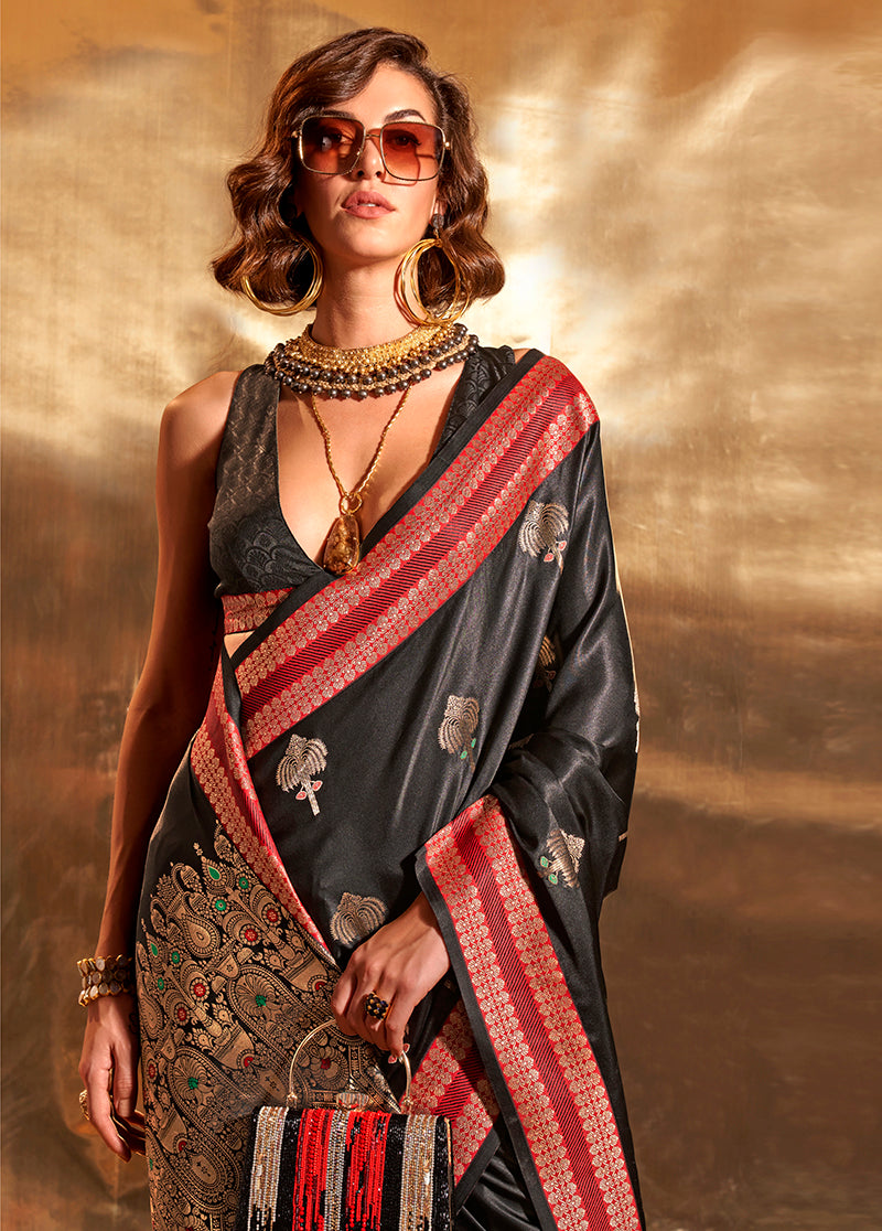 Monjolika Fashion Black Colour Satin Silk Zari Woven Designer Saree With Blouse