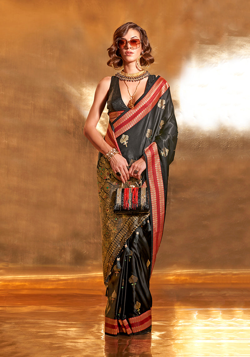 Monjolika Fashion Black Colour Satin Silk Zari Woven Designer Saree With Blouse