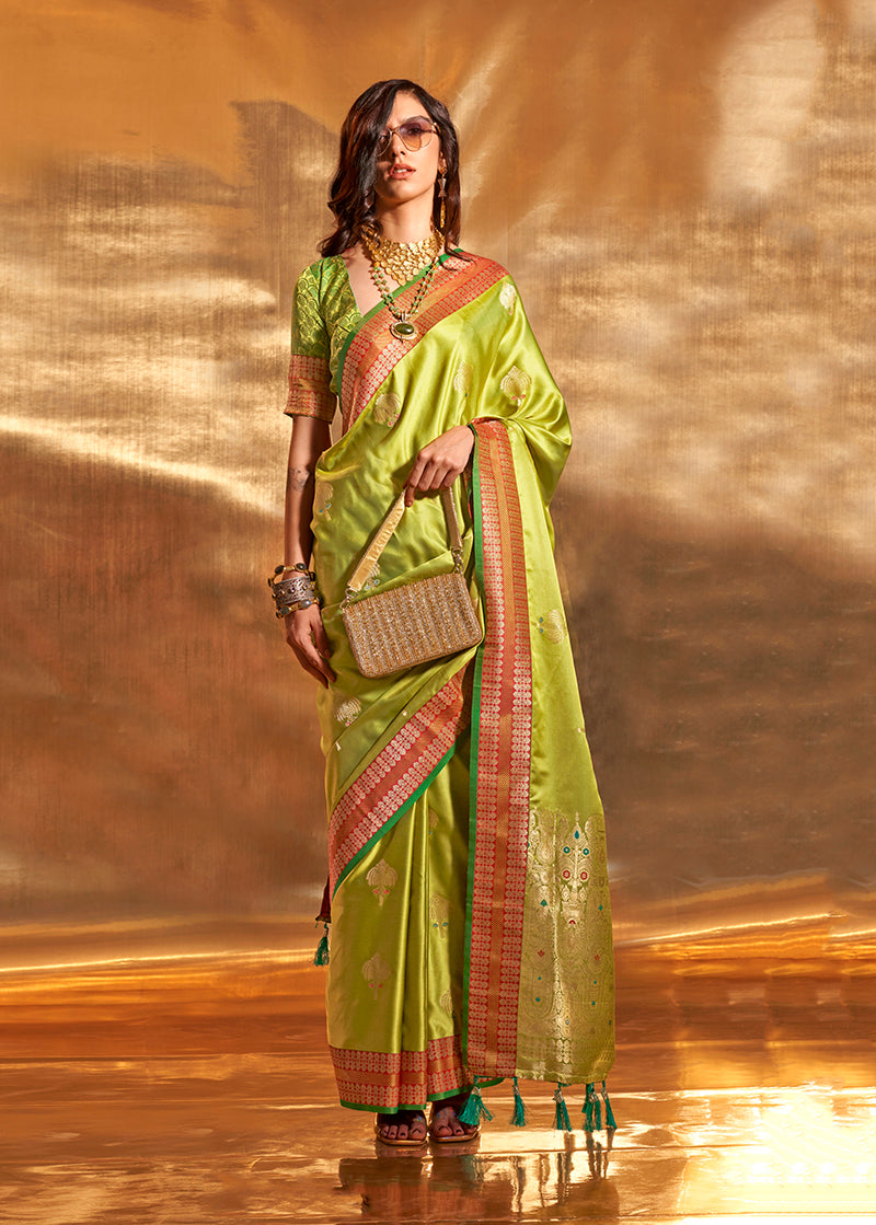 Monjolika Fashion Pear Green Colour Satin Silk Zari Woven Designer Saree With Blouse