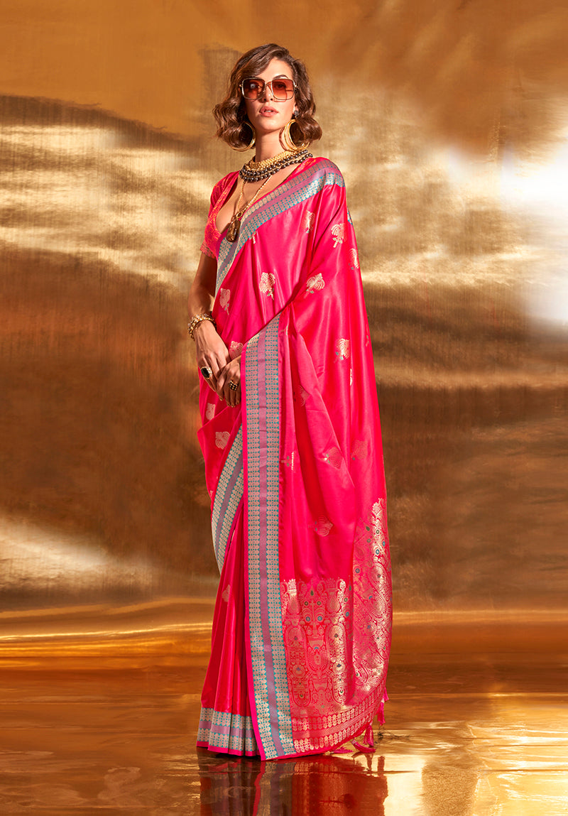 Monjolika Fashion Dark Pink Colour Satin Silk Zari Woven Designer Saree With Blouse