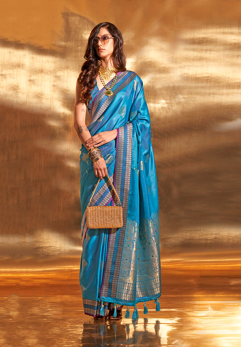 Monjolika Fashion Cobalt Blue Colour Satin Silk Zari Woven Designer Saree With Blouse