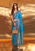 Monjolika Fashion Cobalt Blue Colour Satin Silk Zari Woven Designer Saree With Blouse