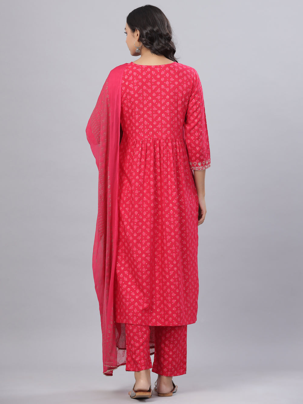 Juniper Women's Fuchsia Rayon Printed Embroidered A-Line Kurta Pant Set