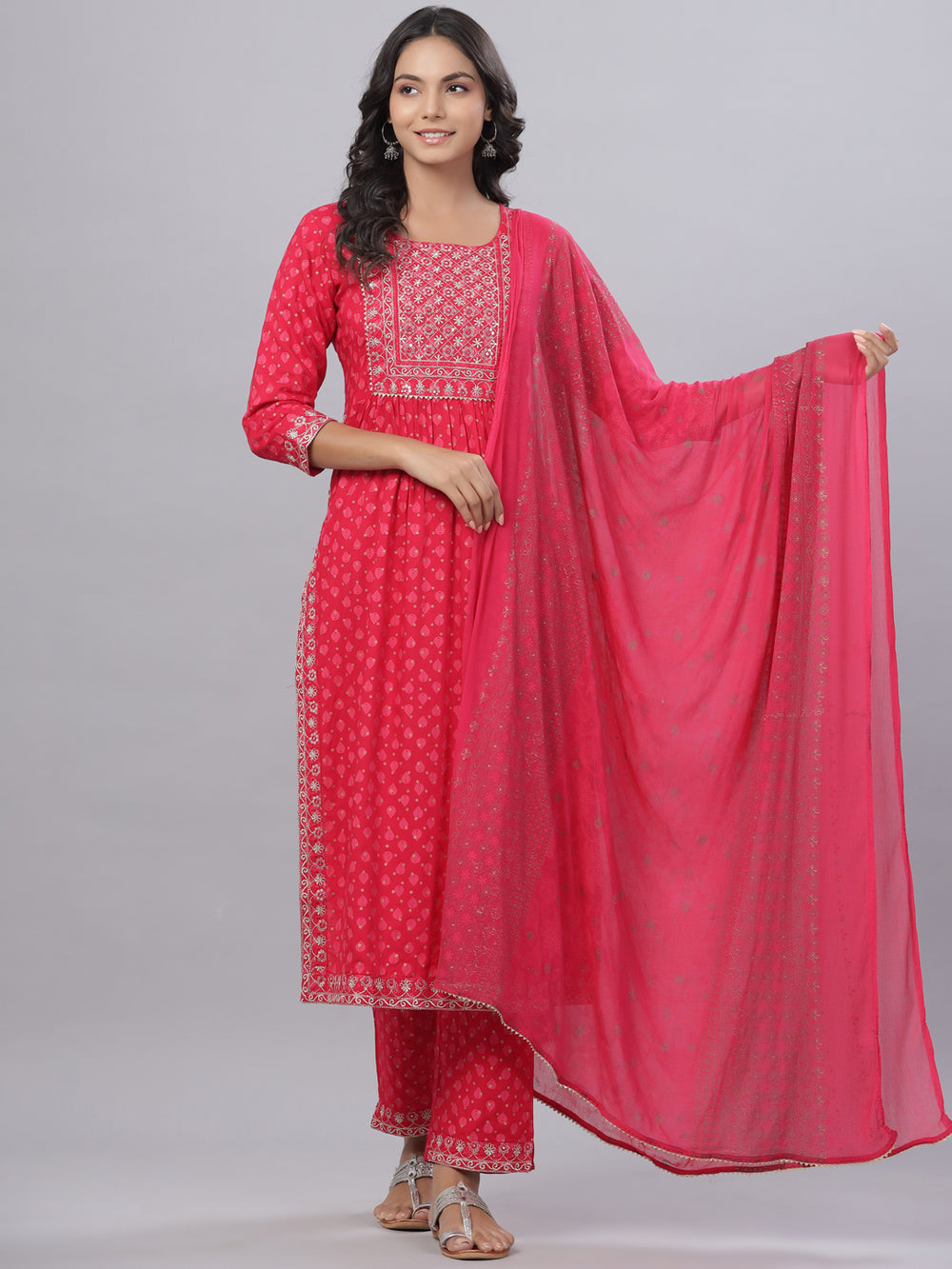 Juniper Women's Fuchsia Rayon Printed Embroidered A-Line Kurta Pant Set