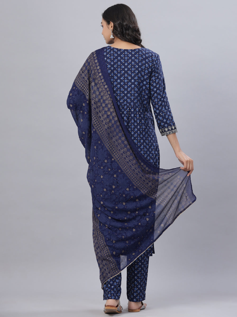 Juniper Women's Navy Blue Rayon Printed Embroidered A-Line Kurta Pant Set