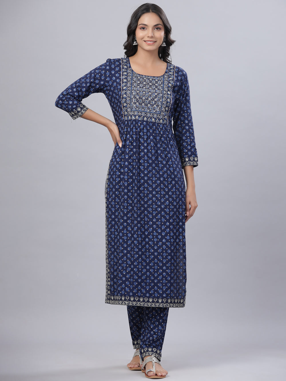 Juniper Women's Navy Blue Rayon Printed Embroidered A-Line Kurta Pant Set