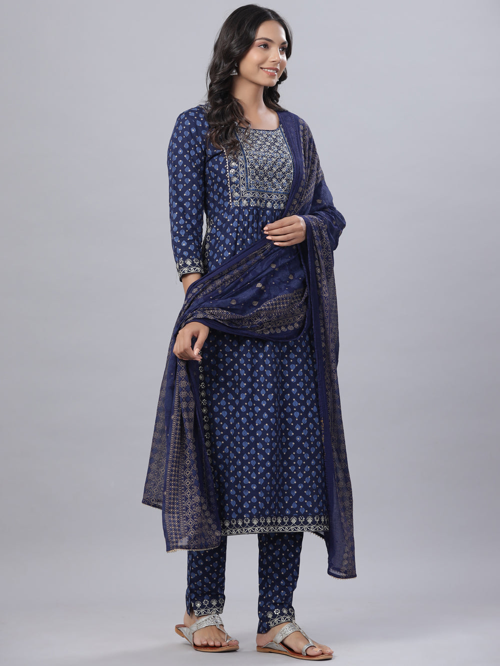 Juniper Women's Navy Blue Rayon Printed Embroidered A-Line Kurta Pant Set