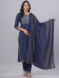 Juniper Women's Navy Blue Rayon Printed Embroidered A-Line Kurta Pant Set