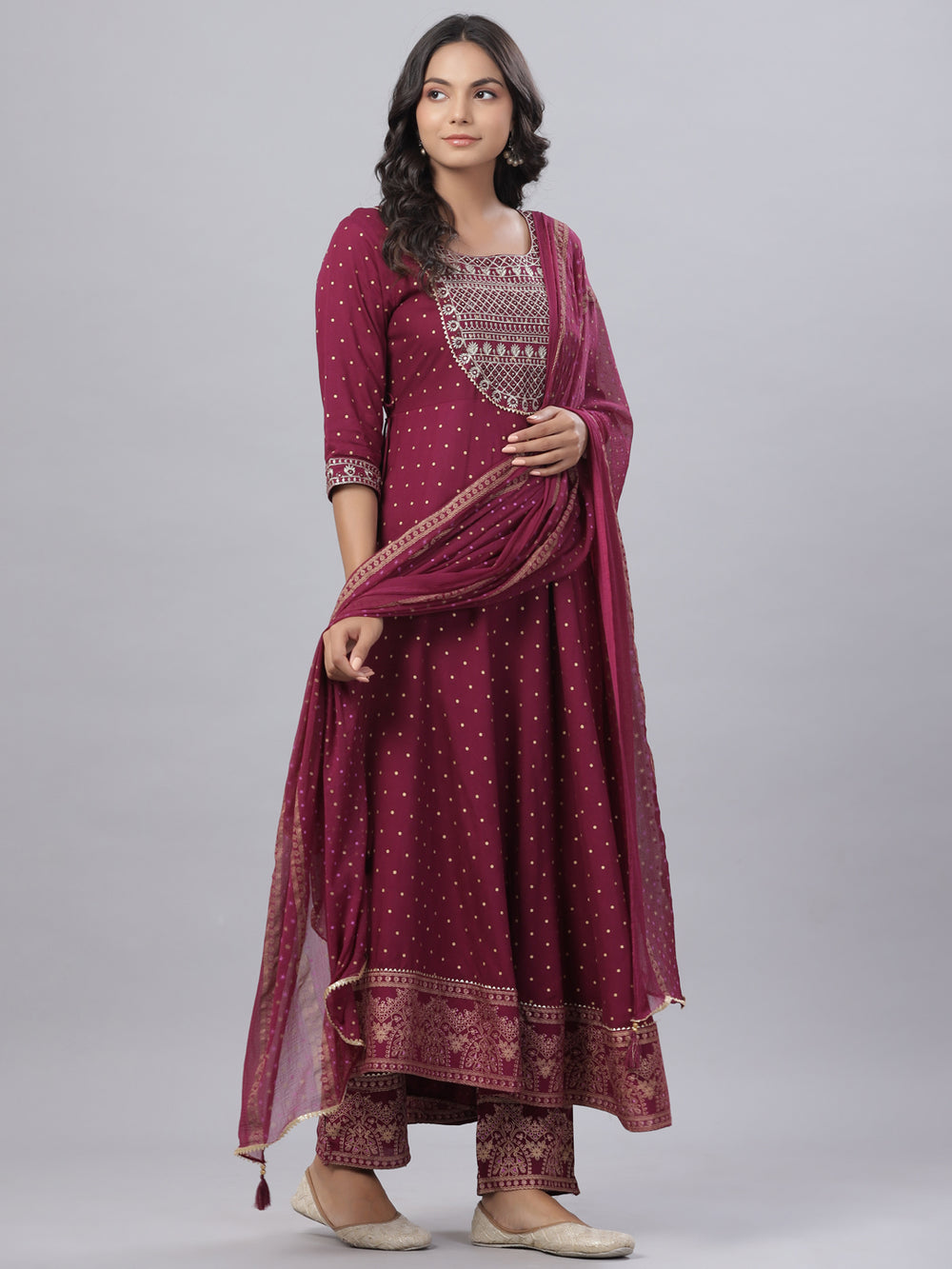 Juniper Women's Mauve Rayon Printed Embroidered A-Line Kurta Pant Set