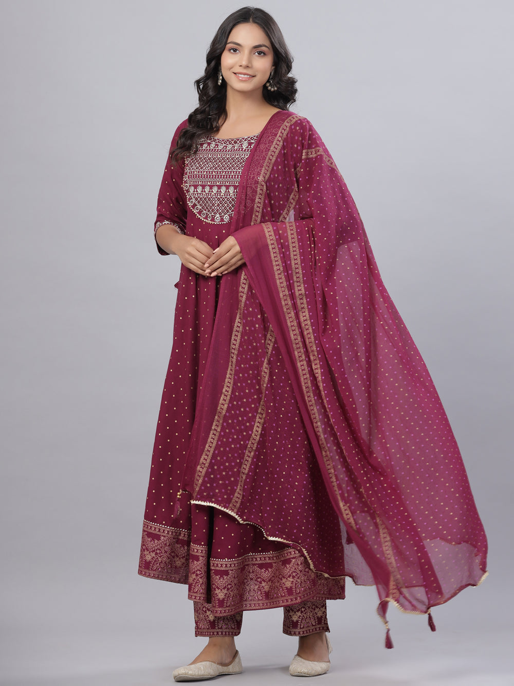 Juniper Women's Mauve Rayon Printed Embroidered A-Line Kurta Pant Set