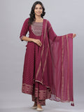 Juniper Women's Mauve Rayon Printed Embroidered A-Line Kurta Pant Set