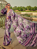 Monjolika Fashion White & Purple Digital Print Satin Trendy Saree