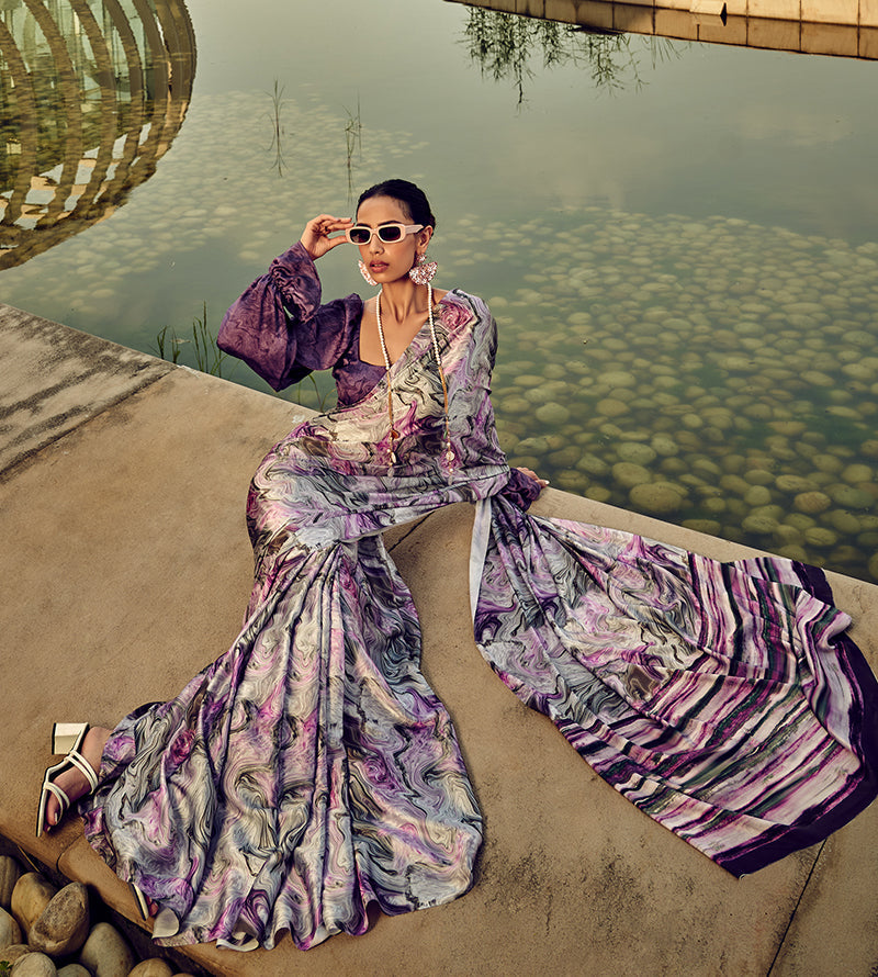 Monjolika Fashion White & Purple Digital Print Satin Trendy Saree