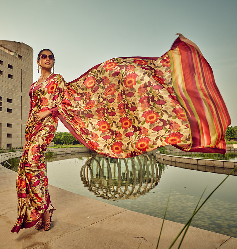 Monjolika Fashion Multicolor Digital Print Satin Trendy Saree