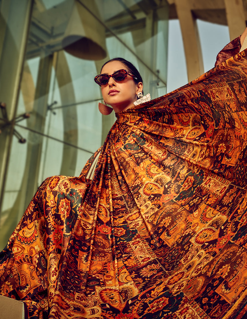 Monjolika Fashion Multicolor Digital Print Satin Trendy Saree