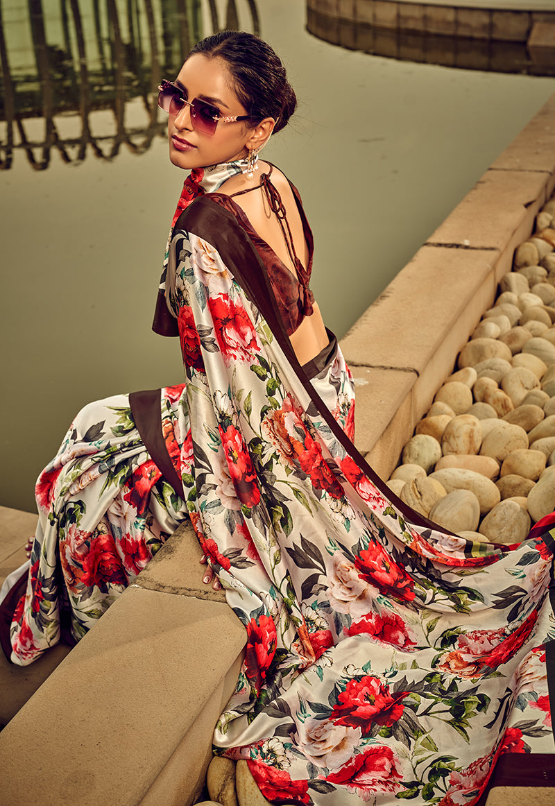 Monjolika Fashion Off White & Red Digital Print Satin Trendy Saree