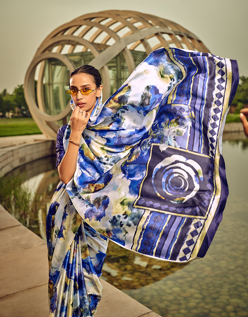 Monjolika Fashion Off White & Blue Digital Print Satin Trendy Saree