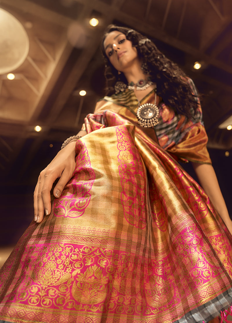 Monjolika Fashion Black & Pink Colour Organza Weaving Checks Saree With Blouse