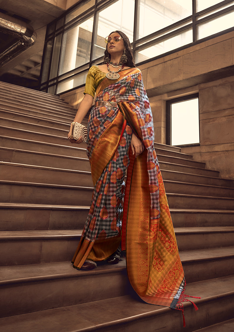 Monjolika Fashion Black & Red Colour Organza Weaving Checks Saree With Blouse