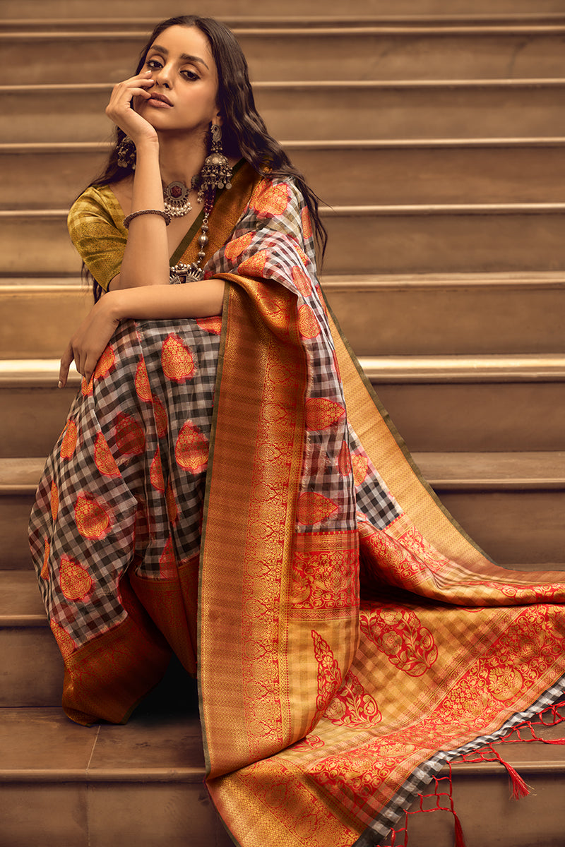 Monjolika Fashion Black & Red Colour Organza Weaving Checks Saree With Blouse