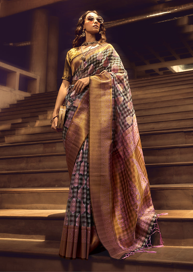 Monjolika Fashion Black & Baby Pink Colour Organza Weaving Checks Saree With Blouse