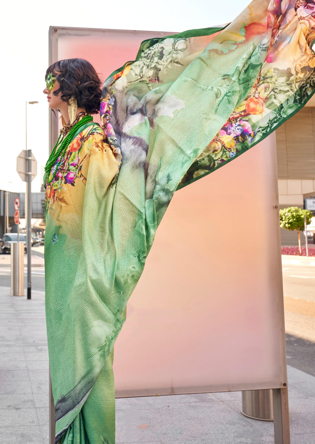 Monjolika Fashion Sea Green Color Swiss Satin Printed Saree With Blouse