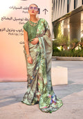 Monjolika Fashion Light Olive Color Swiss Satin Printed Saree With Blouse