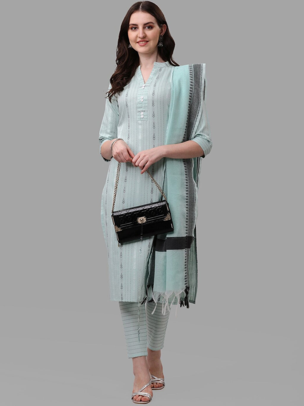 HERE&NOW Turquoise Blue Striped Regular Pure Cotton Kurta With Trousers & Dupatta