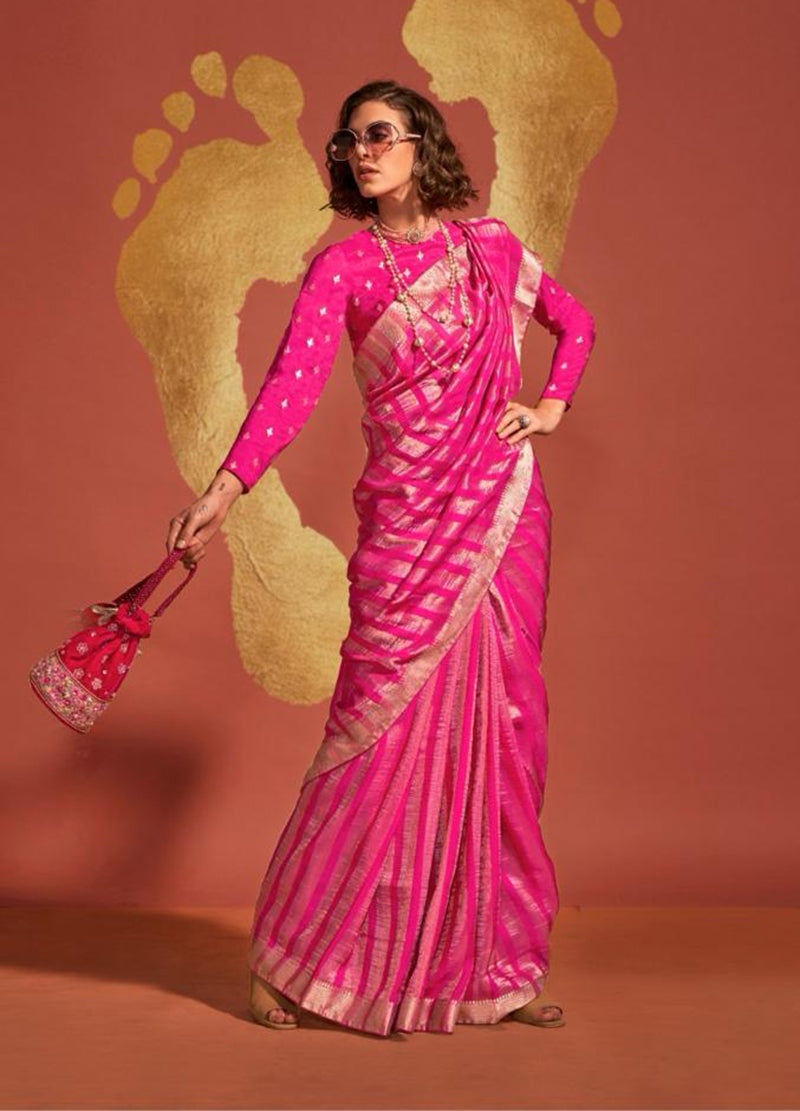 Monjolika Fashion Magenta Color Viscose Handloom Silk Weaving Saree With Blouse