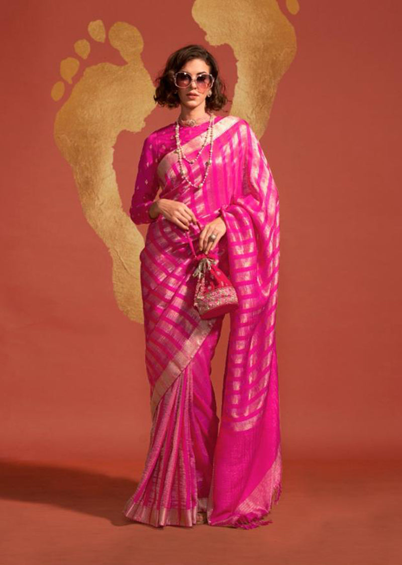 Monjolika Fashion Magenta Color Viscose Handloom Silk Weaving Saree With Blouse
