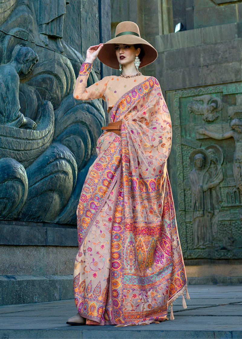 Monjolika Fashion Beige Color Kashmiri Organza Pashmina Silk Saree With Blouse