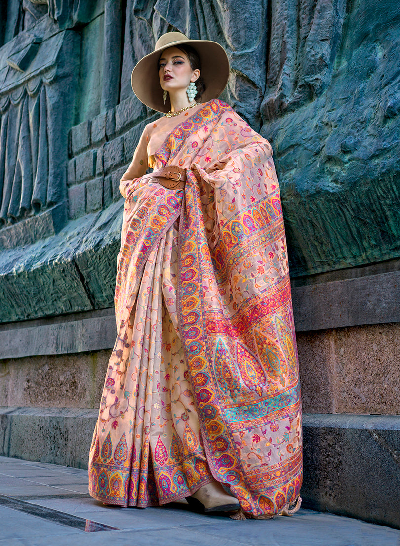 Monjolika Fashion Beige Color Kashmiri Organza Pashmina Silk Saree With Blouse