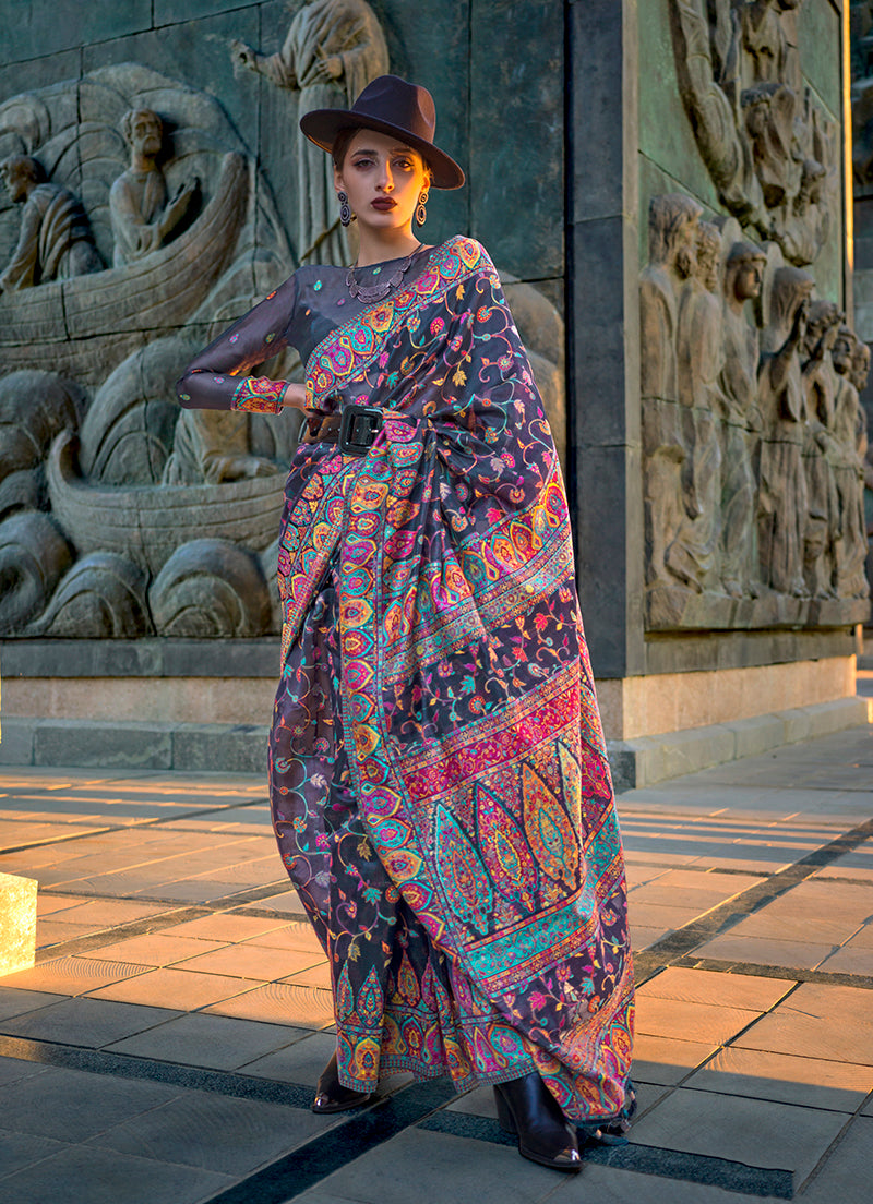Monjolika Fashion Navy Blue Color Kashmiri Organza Pashmina Silk Saree With Blouse