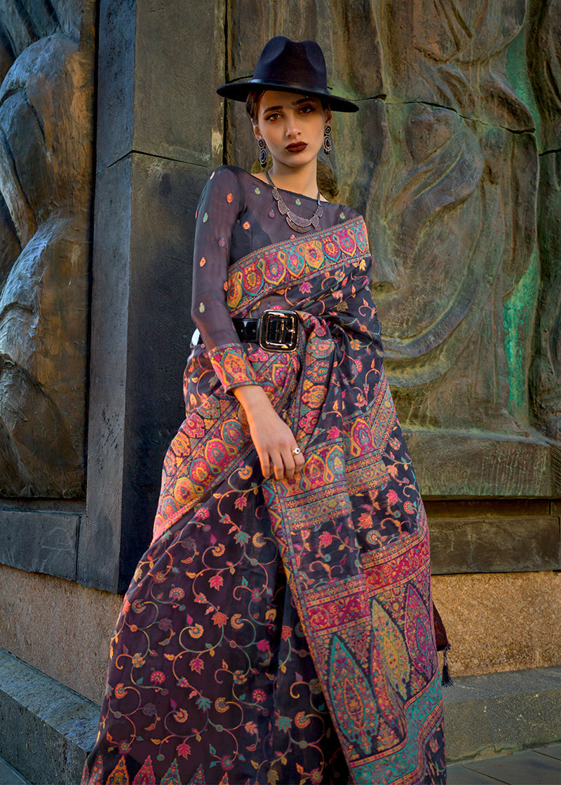 Monjolika Fashion Navy Blue Color Kashmiri Organza Pashmina Silk Saree With Blouse