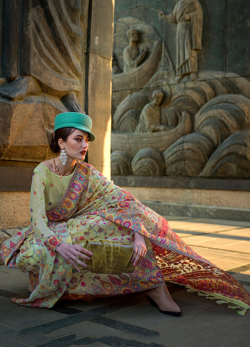 Monjolika Fashion Pear Green Color Kashmiri Organza Pashmina Silk Saree With Blouse